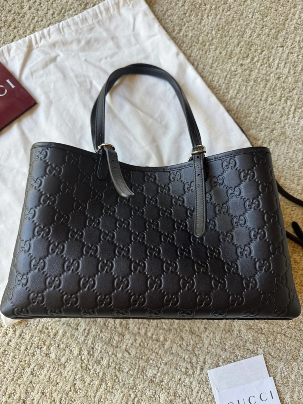 Gucci Black Embossed GG Leather Tote with Double Shoulder Straps - Picture 7 of 9
